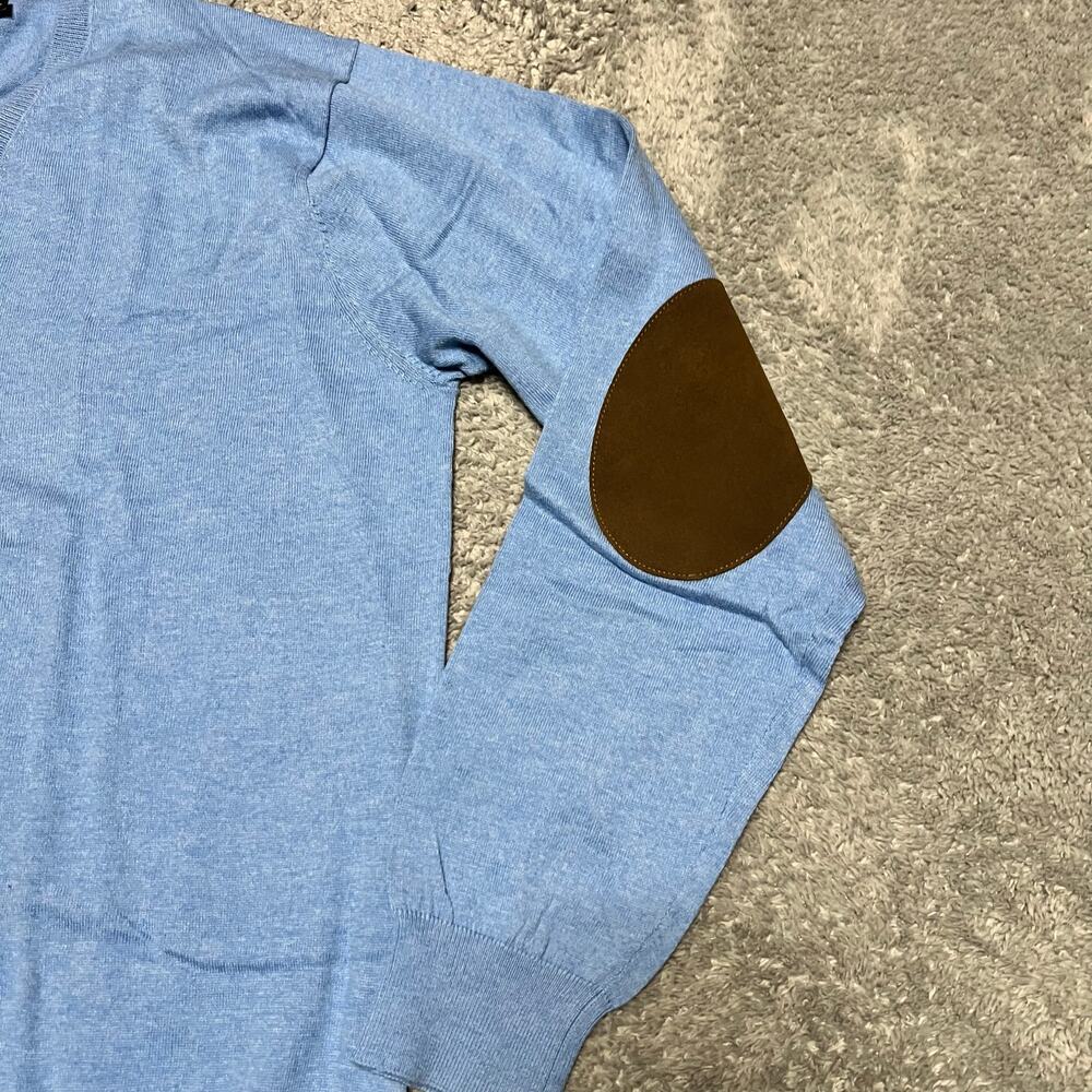 Bexley Sweater Mens Large Pima Cotton Cashmere Elbow Patch V Neck Blue - Picture 2 of 7